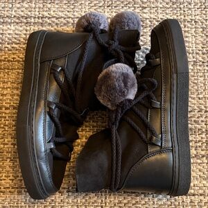 Inuikii Black High-Top Sneakers with Gray Pom Poms